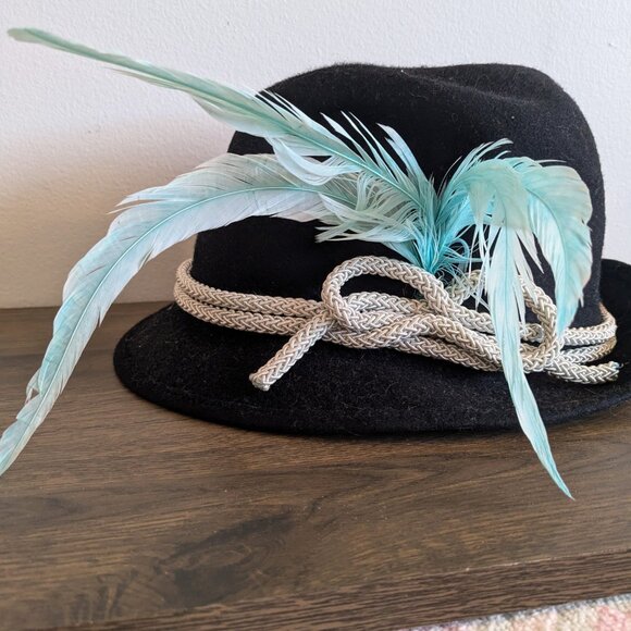 golden gate hate co vintage fedora blue feather wool 71/4 rope black felt